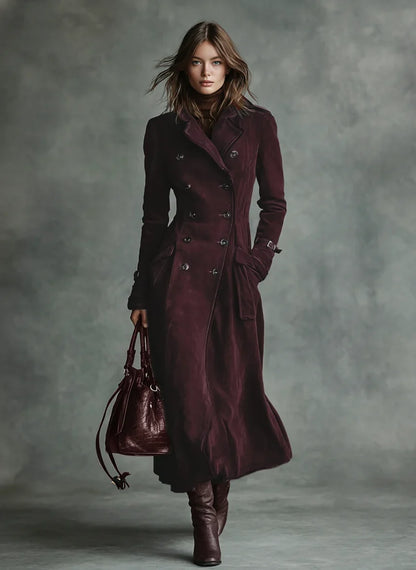 Women's Long Coat | Suede Double-breasted Lapel Trench