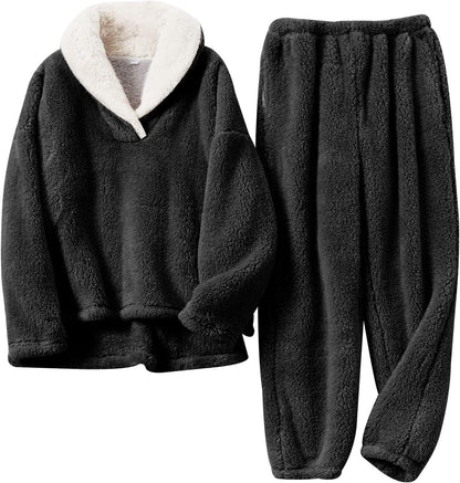 Women's Lounge Set | Plush Sherpa Two-Piece Pajama V-Neck