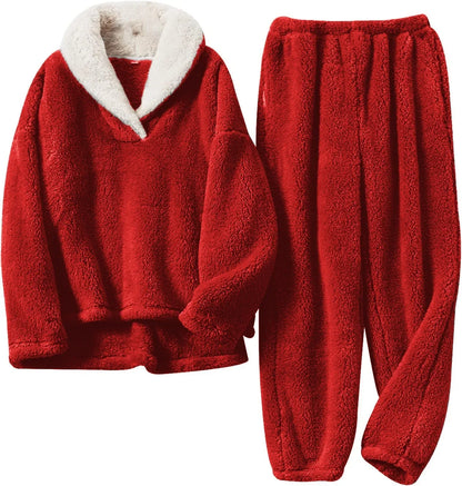 Women's Lounge Set | Plush Sherpa Two-Piece Pajama V-Neck