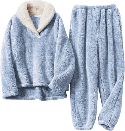 Women's Lounge Set | Plush Sherpa Two-Piece Pajama V-Neck