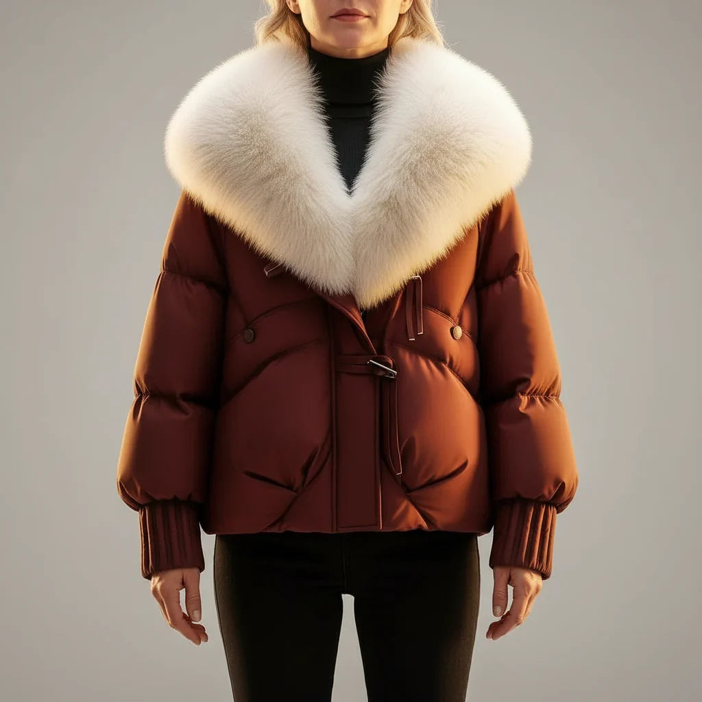 Women's Puffer Jacket | Glossy Faux Fur Collar Jeans Jacket