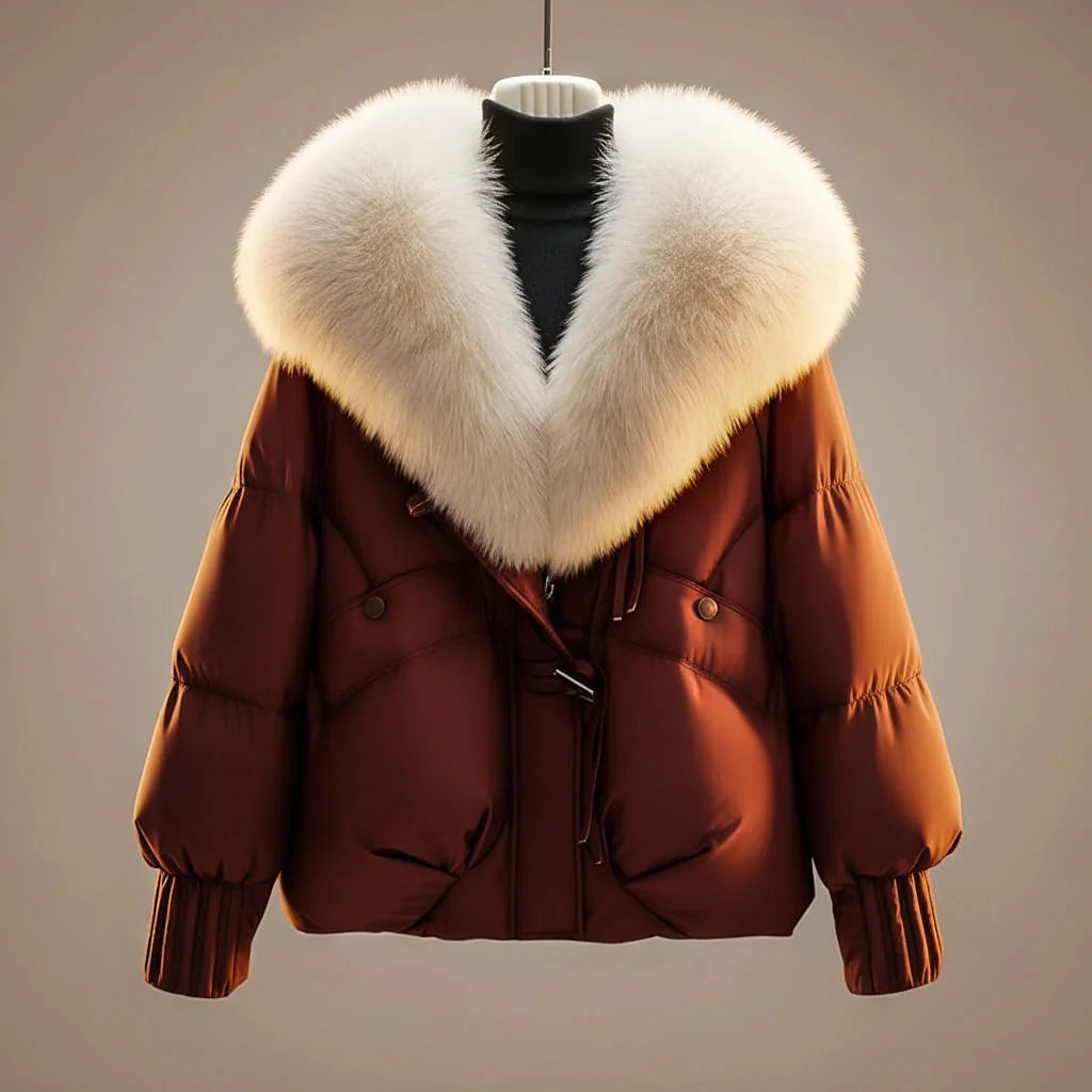 Women's Puffer Jacket | Glossy Faux Fur Collar Jeans Jacket