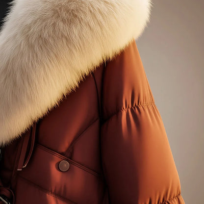 Women's Puffer Jacket | Glossy Faux Fur Collar Jeans Jacket