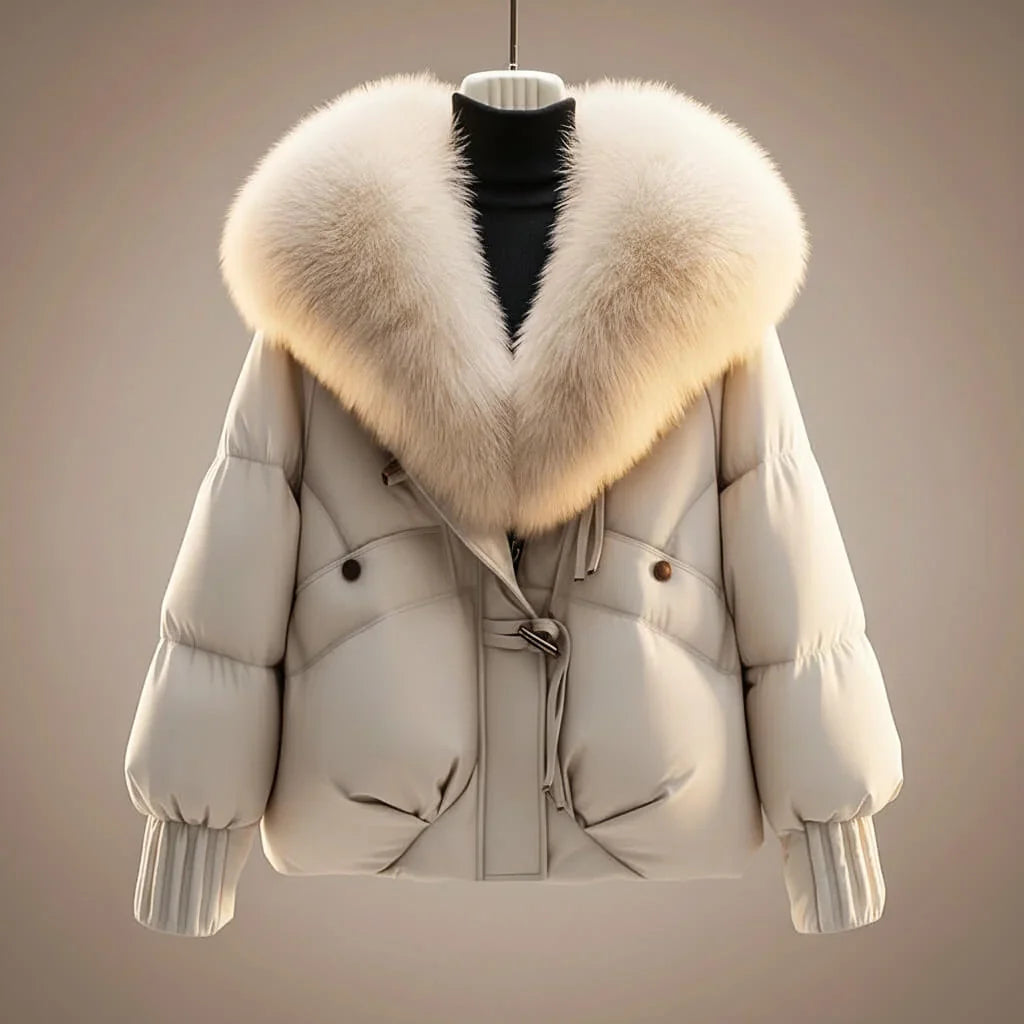 Women's Puffer Jacket | Glossy Faux Fur Collar Jeans Jacket
