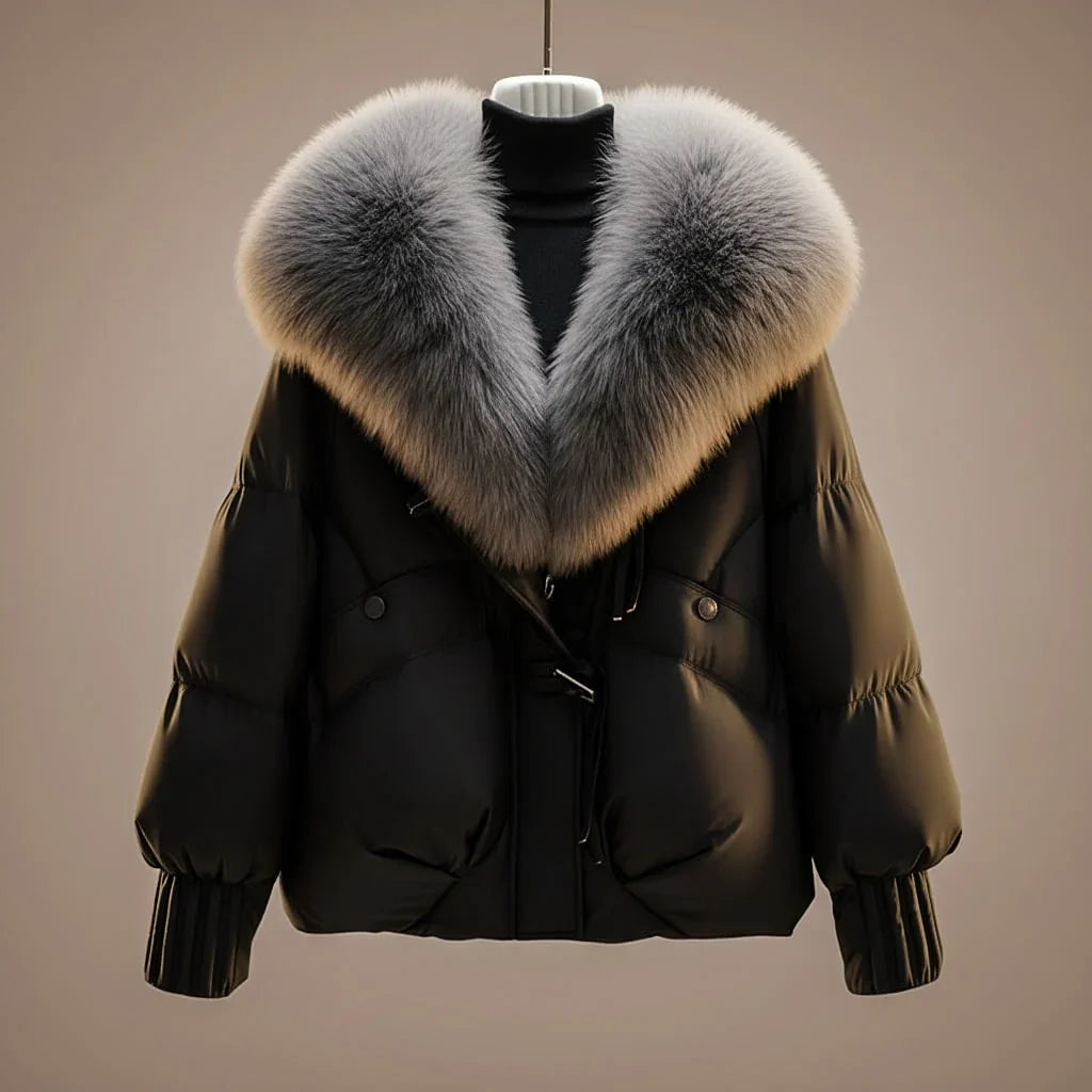 Women's Puffer Jacket | Glossy Faux Fur Collar Jeans Jacket