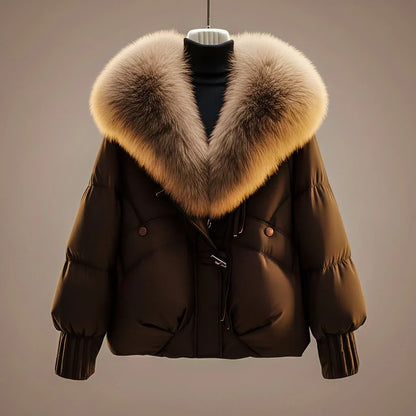 Women's Puffer Jacket | Glossy Faux Fur Collar Jeans Jacket