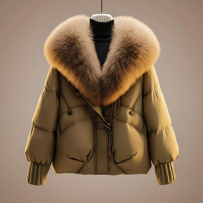 Women's Puffer Jacket | Glossy Faux Fur Collar Jeans Jacket