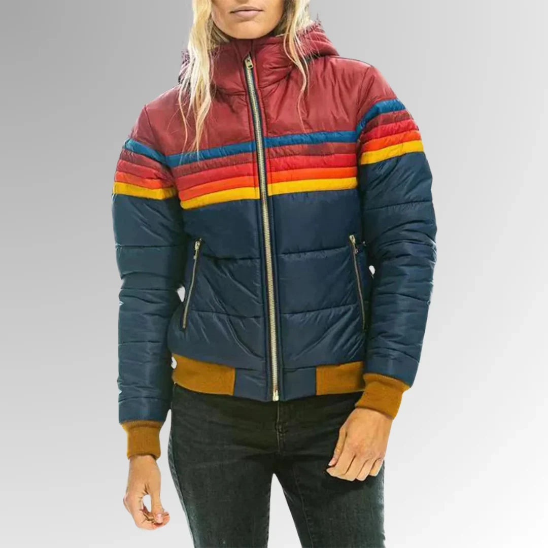 Women's Quilted Jacket | Striped Hooded Puffer Bomber