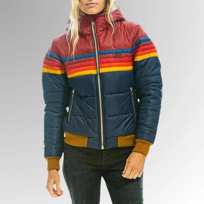 Women's Quilted Jacket | Striped Hooded Puffer Bomber