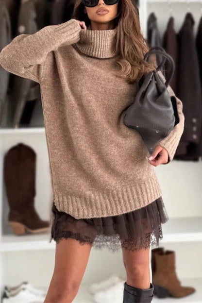 Oversized Ribbed Turtleneck Sweater Dress with Lace Hem