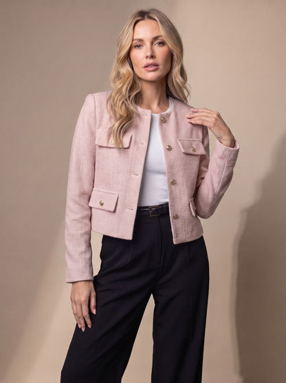 Penelope | Women's Cropped Tweed Blazer Collarless Gold-Button Flap-Pocket Jacket
