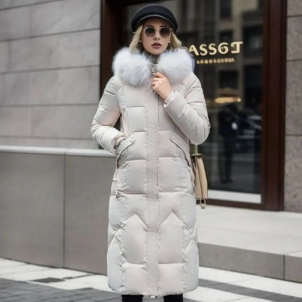Lily | Women's Long Hooded Faux Fur Trim Quilted Coat