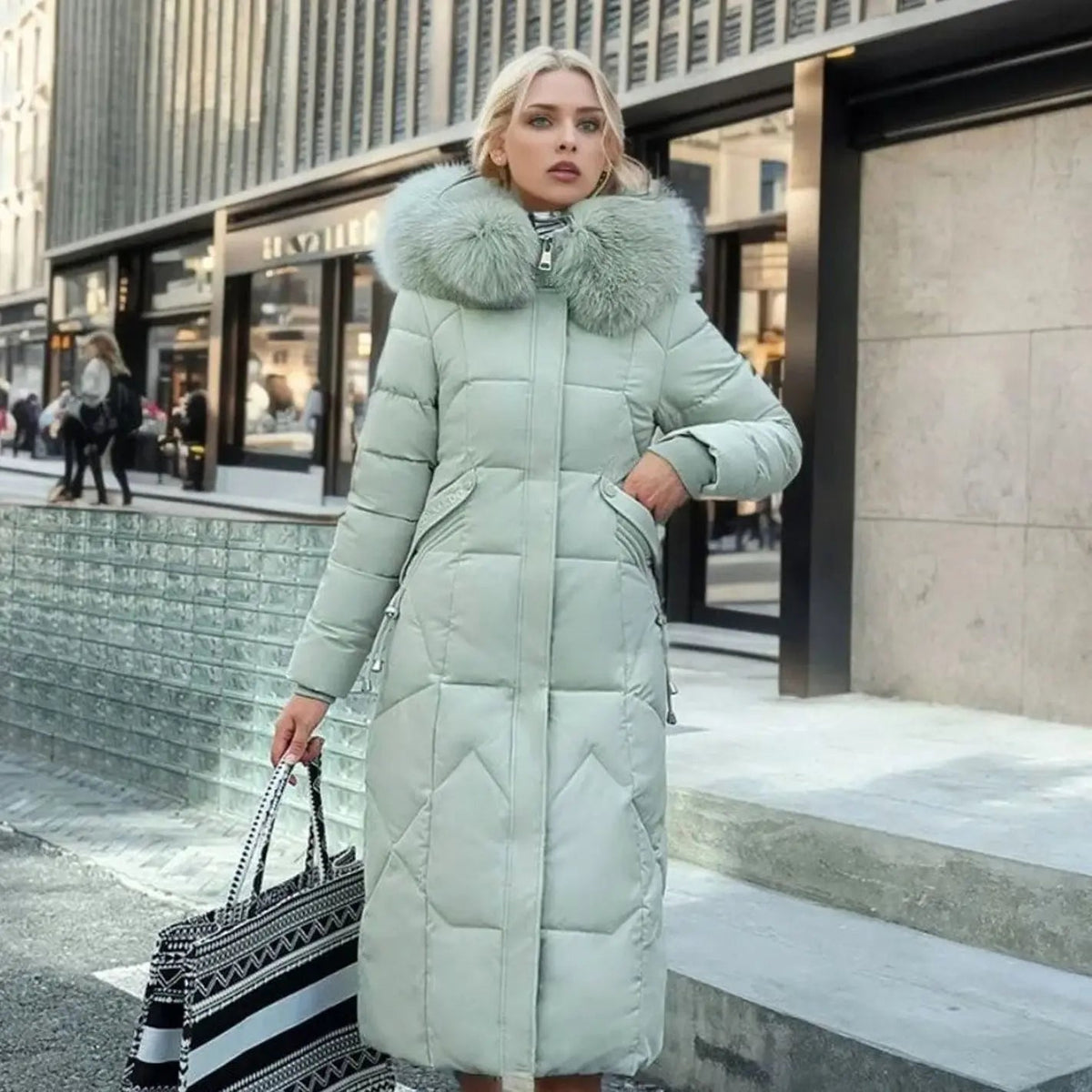 Lily | Women's Long Hooded Faux Fur Trim Quilted Coat