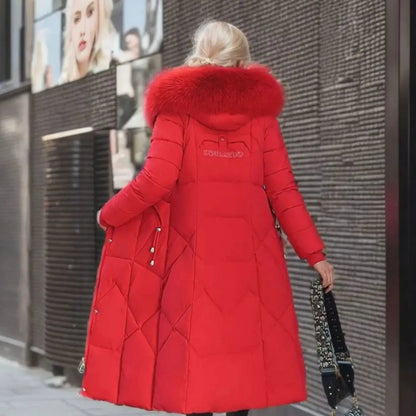 Lily | Women's Long Hooded Faux Fur Trim Quilted Coat