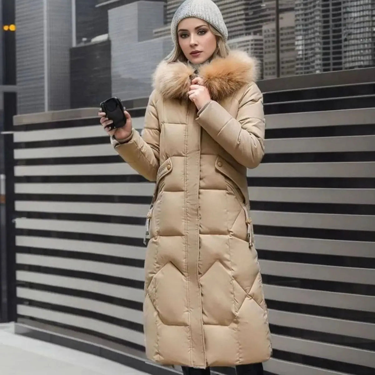 Lily | Women's Long Hooded Faux Fur Trim Quilted Coat