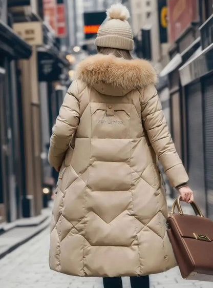 Lily | Women's Long Hooded Faux Fur Trim Quilted Coat