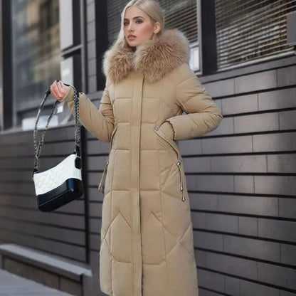 Lily | Women's Long Hooded Faux Fur Trim Quilted Coat