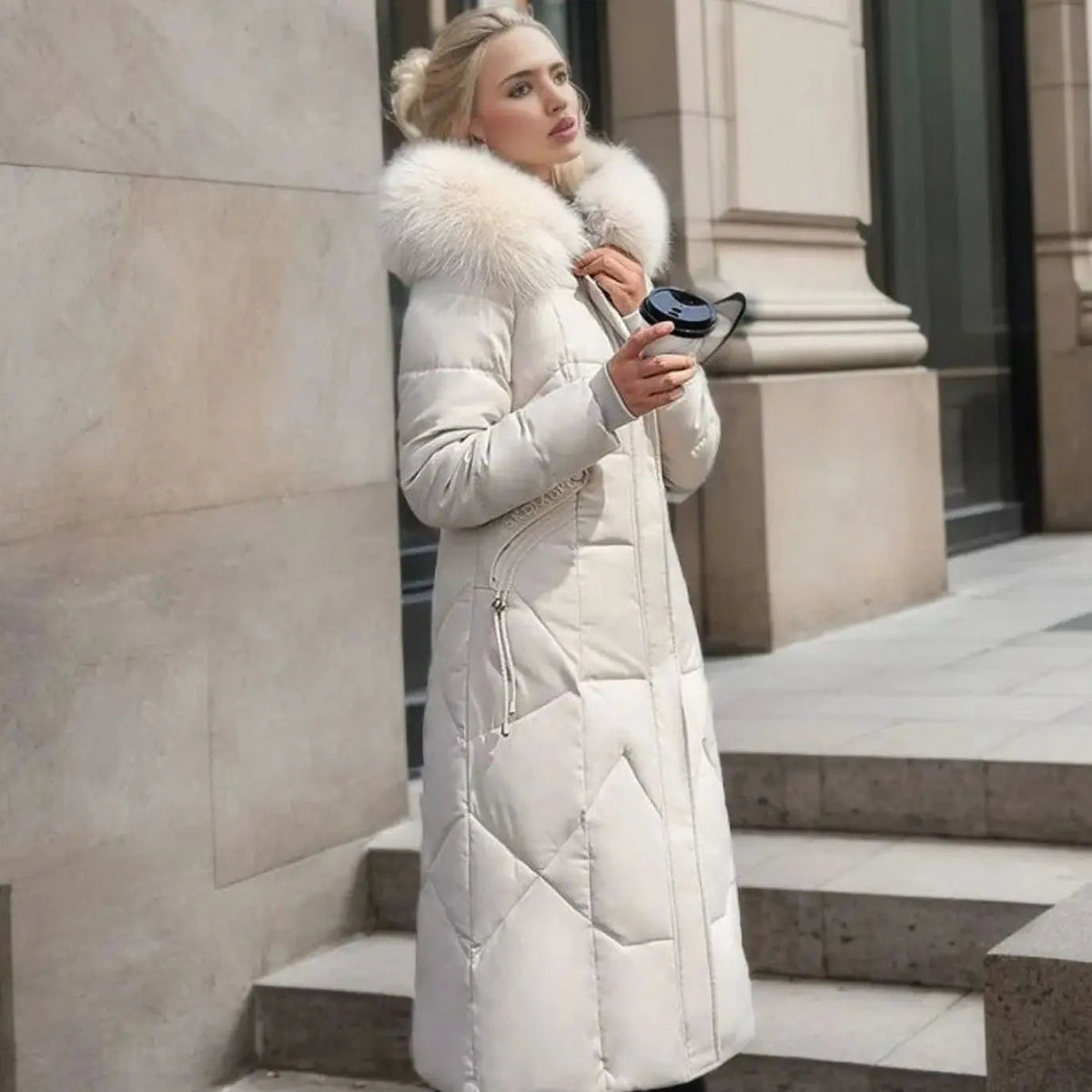 Lily | Women's Long Hooded Faux Fur Trim Quilted Coat