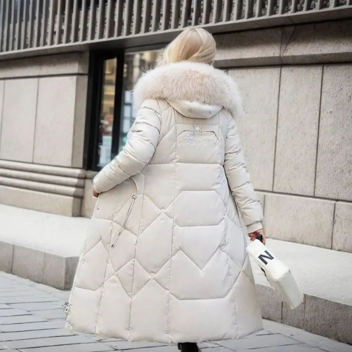 Lily | Women's Long Hooded Faux Fur Trim Quilted Coat