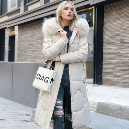 Lily | Women's Long Hooded Faux Fur Trim Quilted Coat
