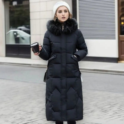Lily | Women's Long Hooded Faux Fur Trim Quilted Coat