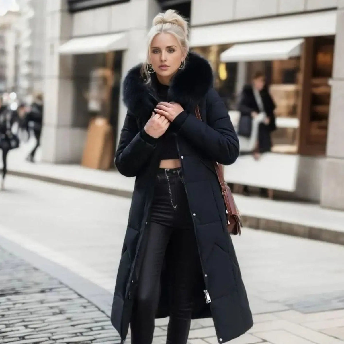Lily | Women's Long Hooded Faux Fur Trim Quilted Coat