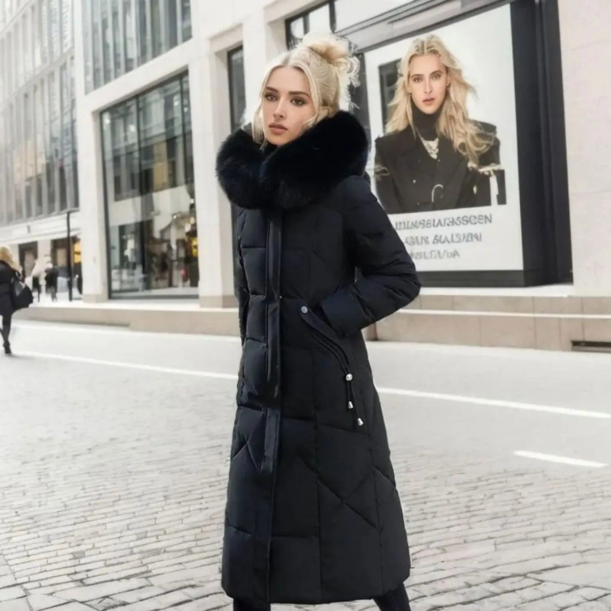 Lily | Women's Long Hooded Faux Fur Trim Quilted Coat