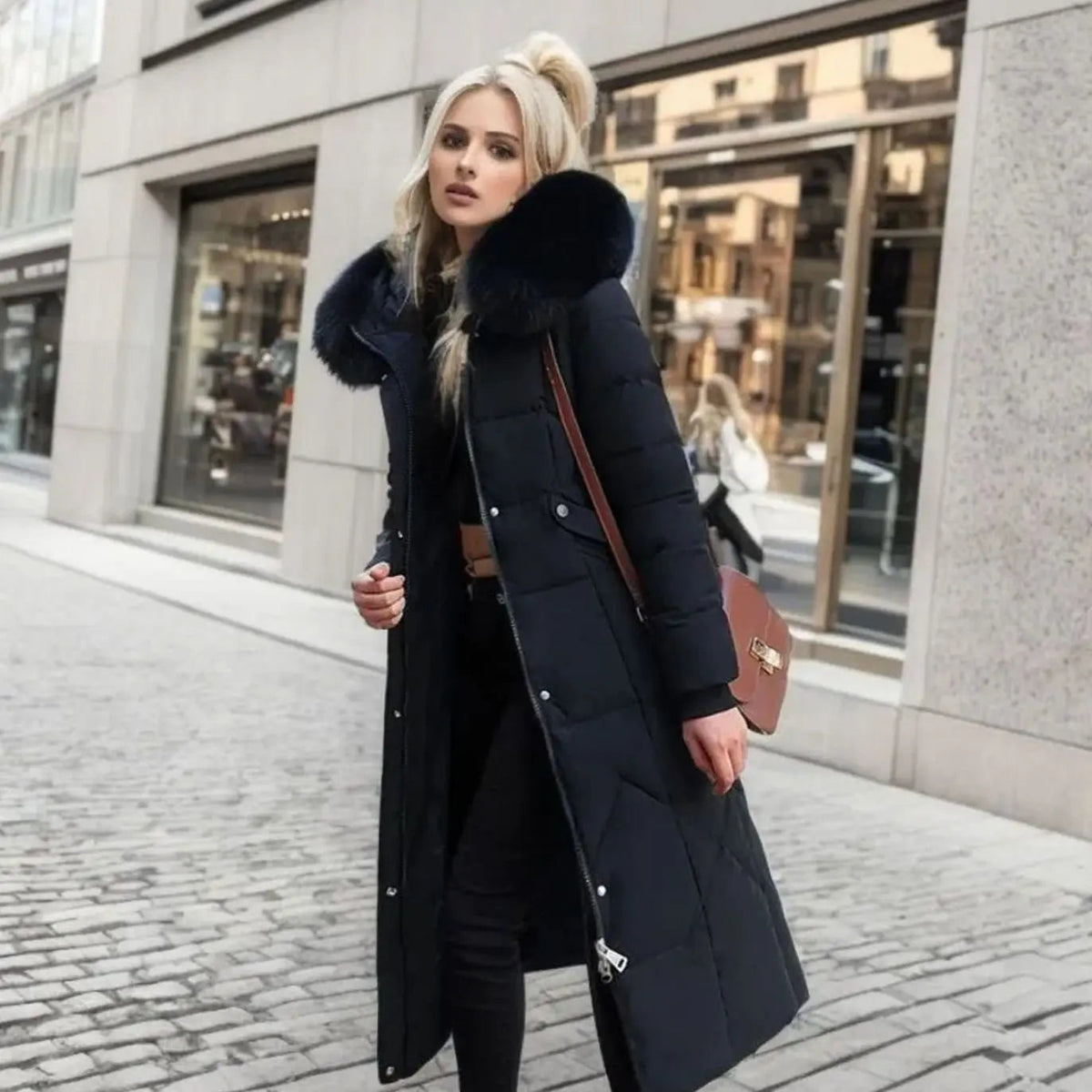 Lily | Women's Long Hooded Faux Fur Trim Quilted Coat