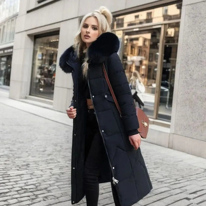Lily | Women's Long Hooded Faux Fur Trim Quilted Coat