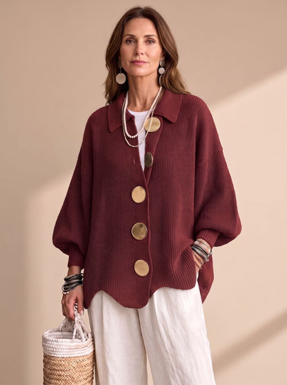 Victoria | Women's Oversized Lantern-Sleeve Gold-Button Knit Cardigan