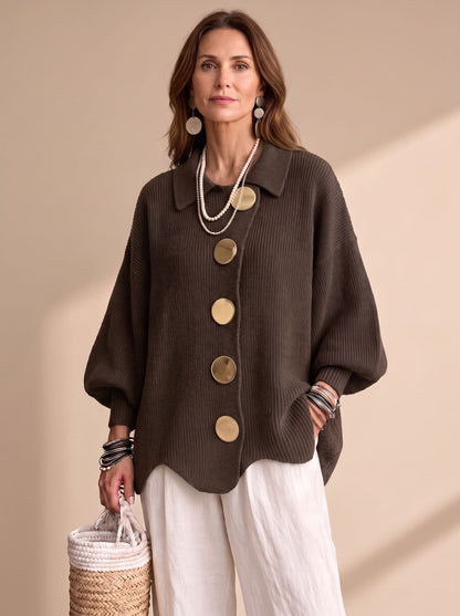 Victoria | Women's Oversized Lantern-Sleeve Gold-Button Knit Cardigan